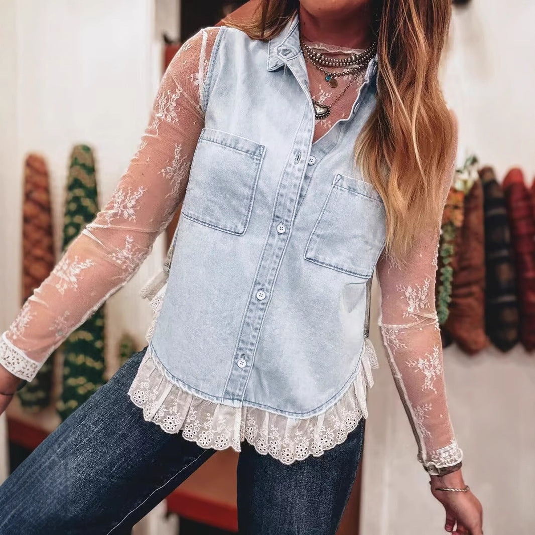 Elegant Russian Lace Stitching Denim Sleeveless Tops