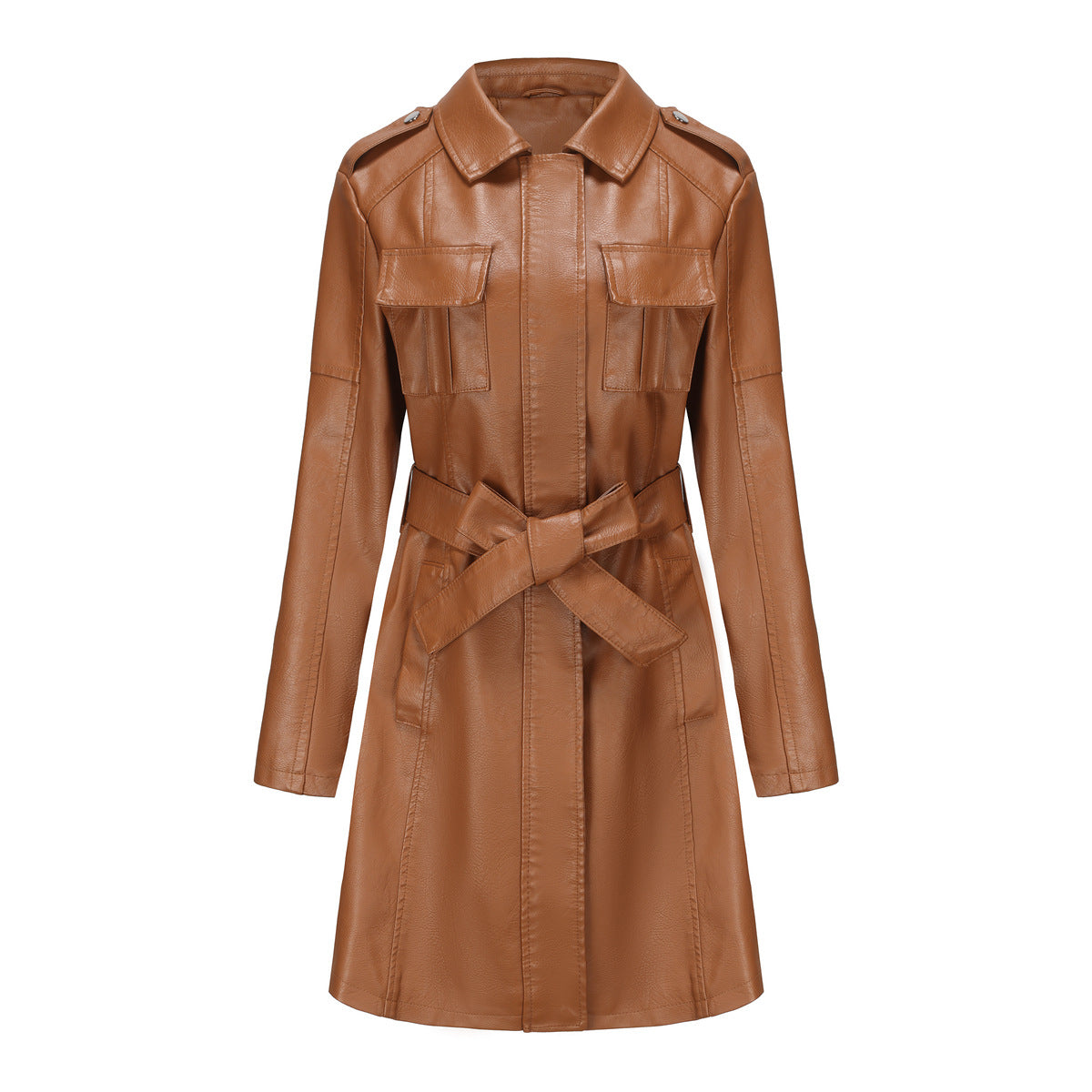 Women's Mid-length Leather Including Belt Long Sleeve Jackets