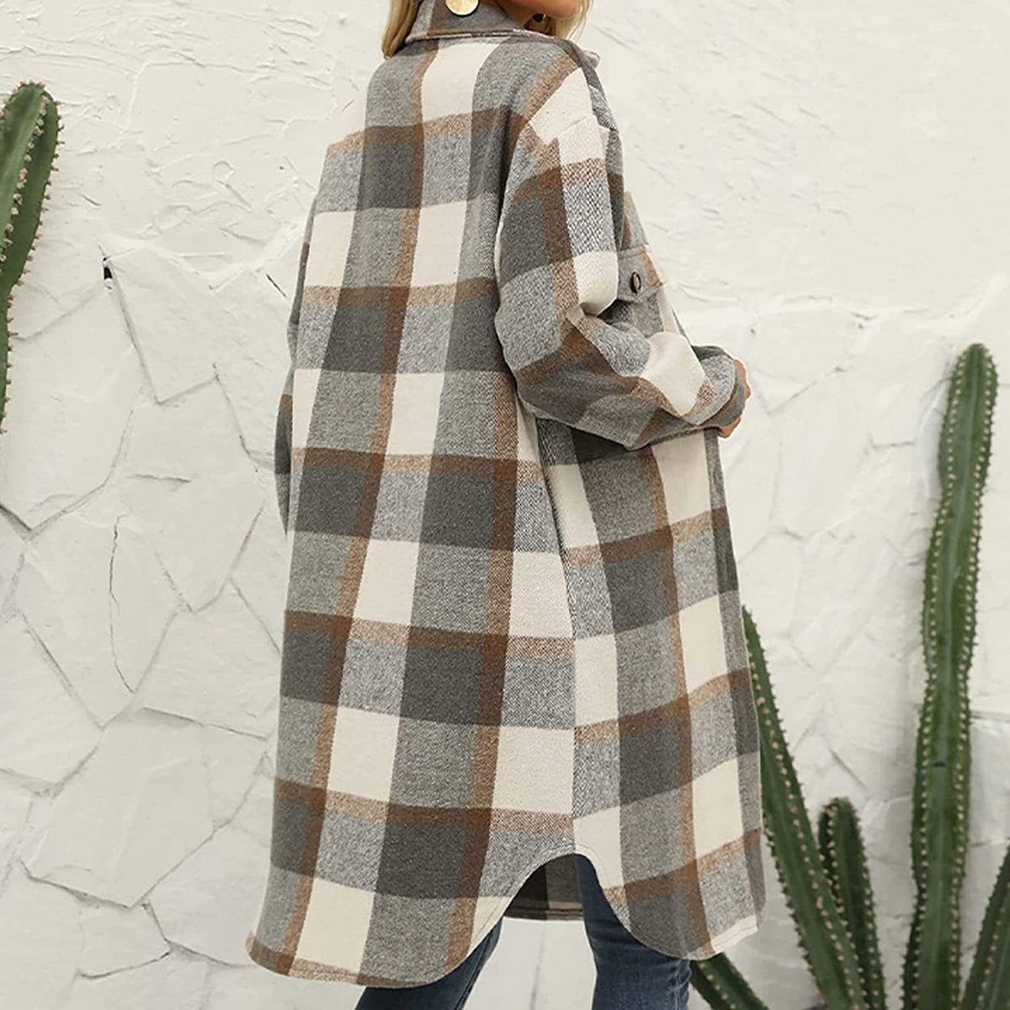 Women's Long Flannel Plaid Lapel Button Woolen Coats