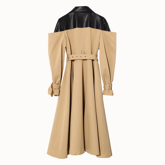 Women's Style Temperament Leather Patchwork Contrast Color Windbreaker Design Coats