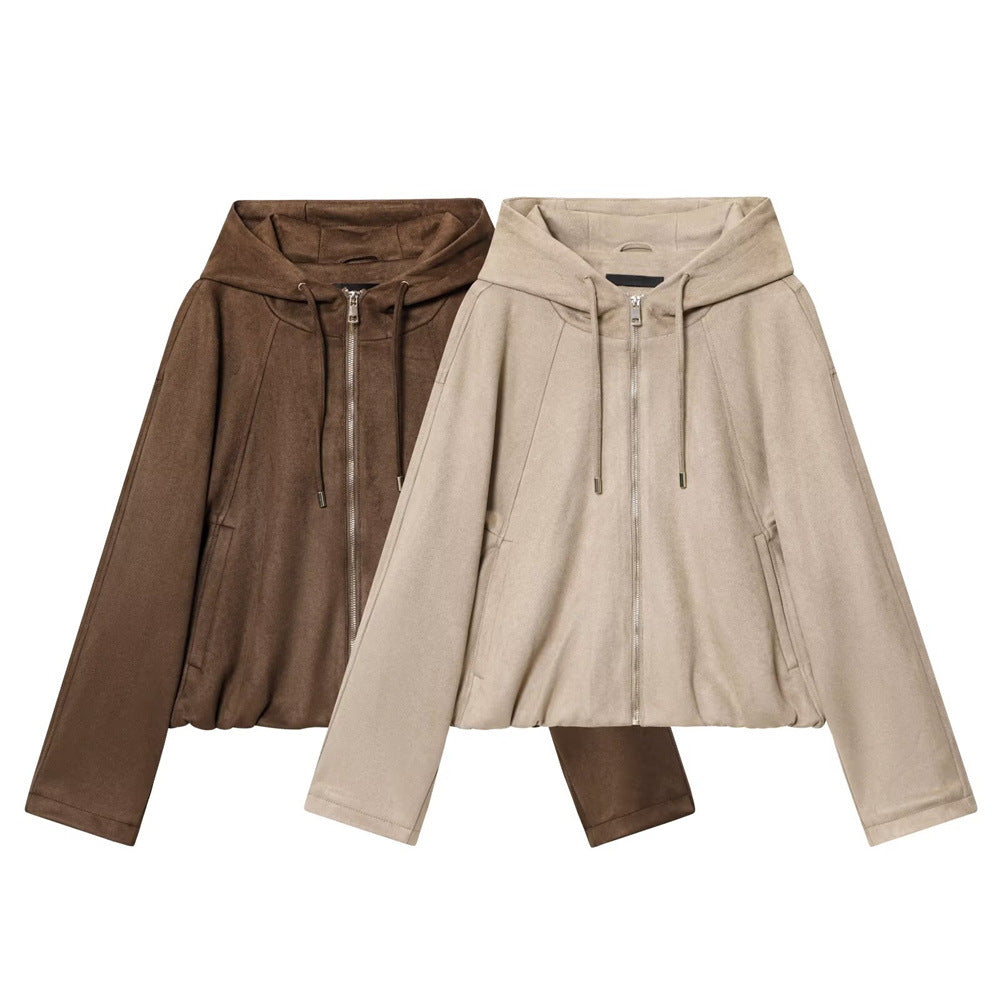Women's Autumn Hooded Drawstring Zipper Pocket Deerskin Jackets