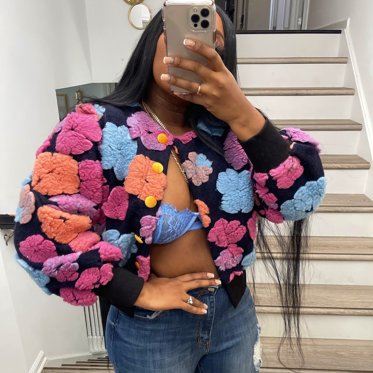 Retro Three-dimensional Flower Loose Temperament Single-breasted Cardigans