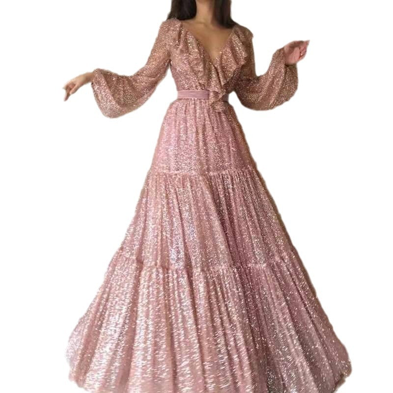 Women's Dress Sexy Long-sleeved Golden Swing Long Dresses