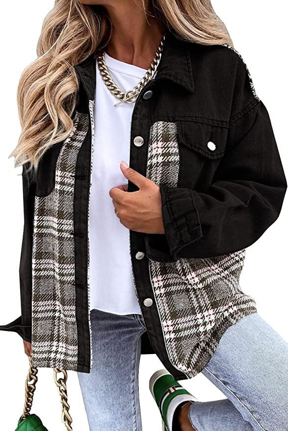 Denim Long Sleeve Plaid Button-down Shirt Jackets