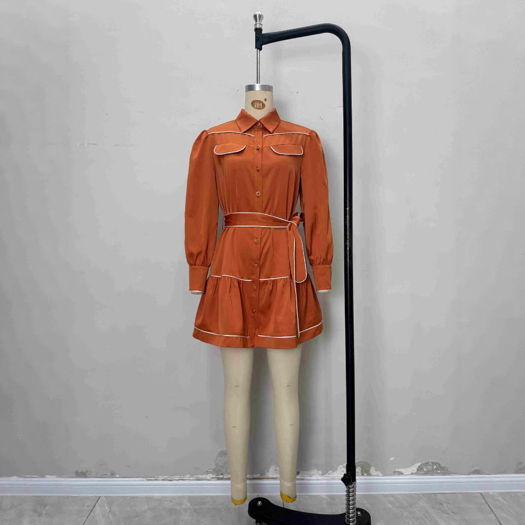 Fashionable Caramel Contrast Color Decorative Belt Dresses