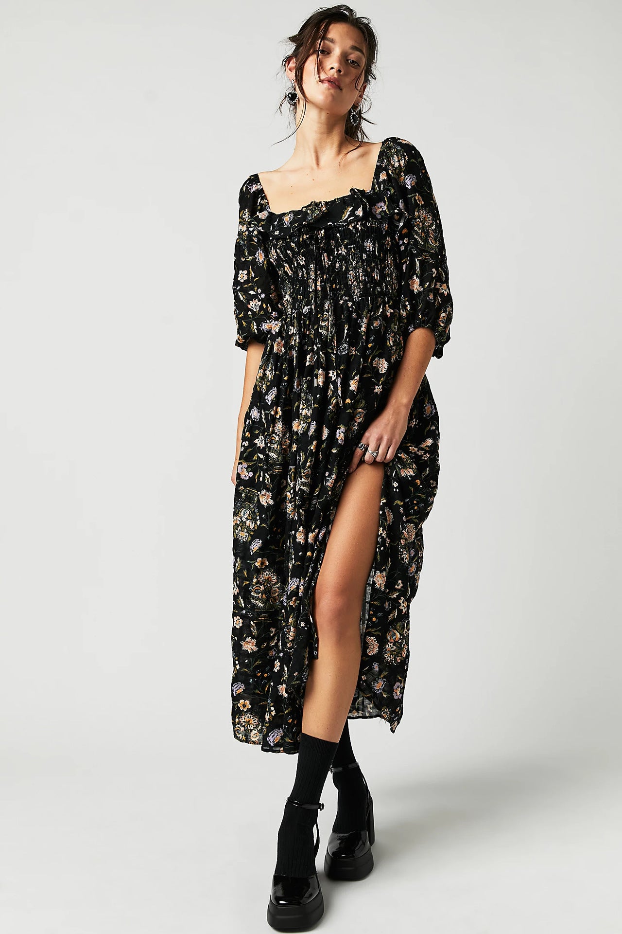 Autumn Exposed Back Ruffled Square Collar Printed Dresses