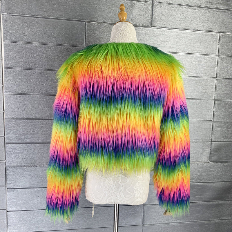 Women's Rainbow Imitation Falling Fur Long Goat Coats