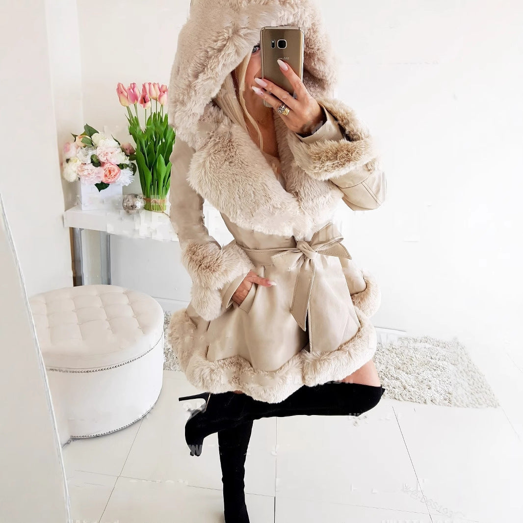 Women's Waist Trimming Winter Warm Ruffled Hooded Coats