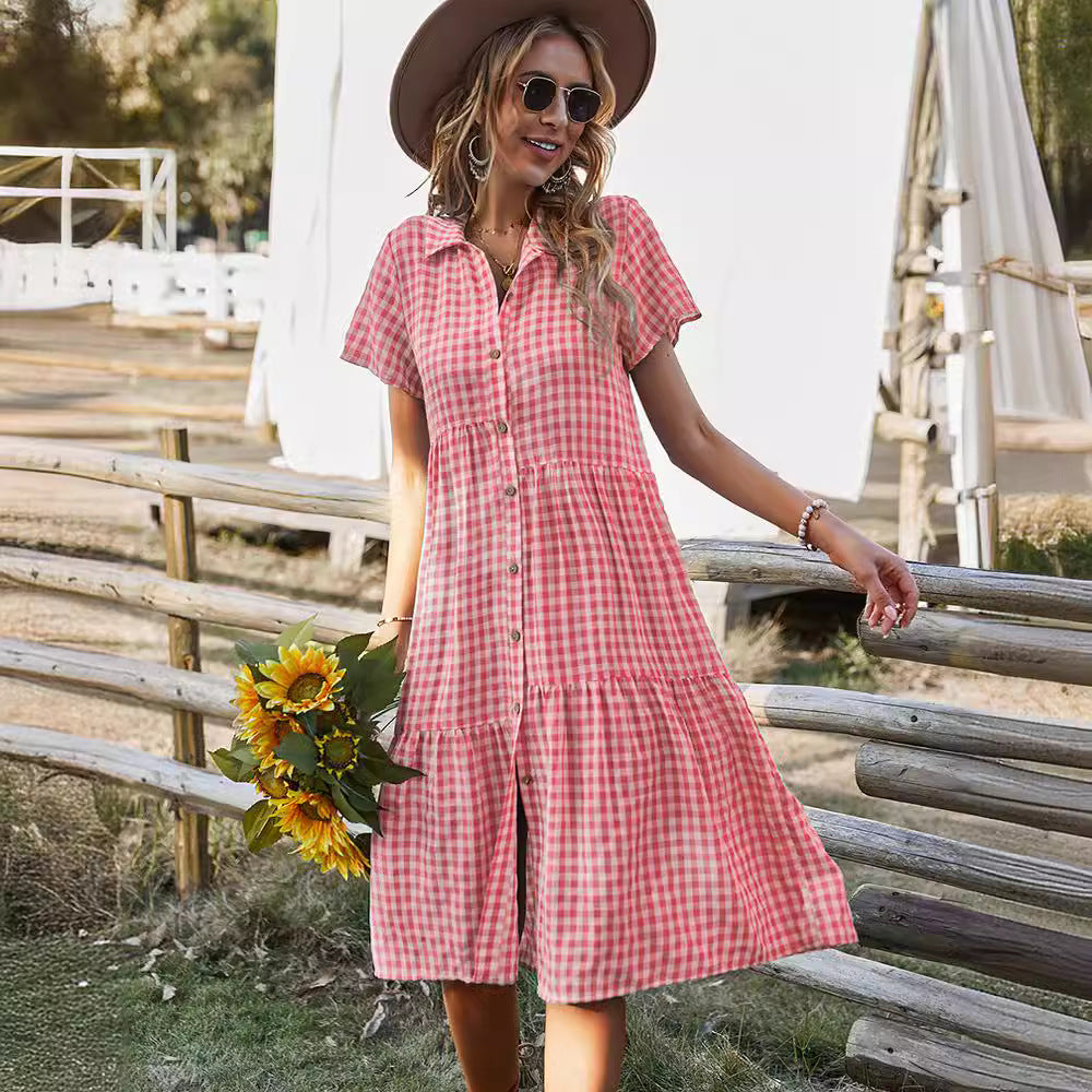 Women's Summer Plaid Dress Shirt Collar Casual Dresses