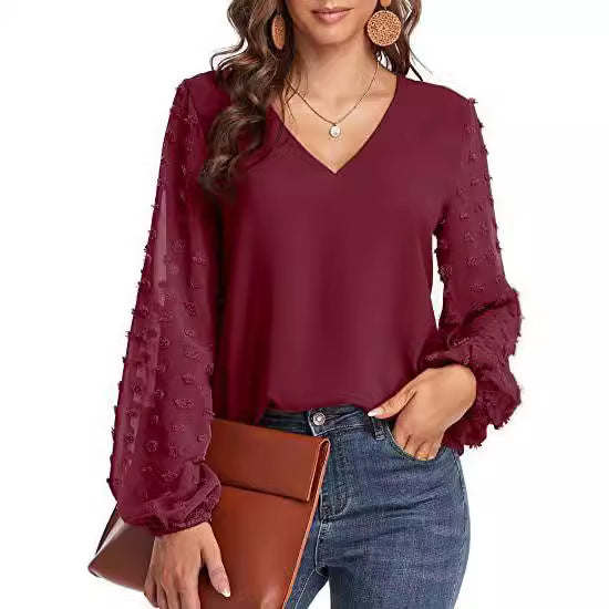 Women's Chiffon Shirt Stitching Big Fur Ball Blouses