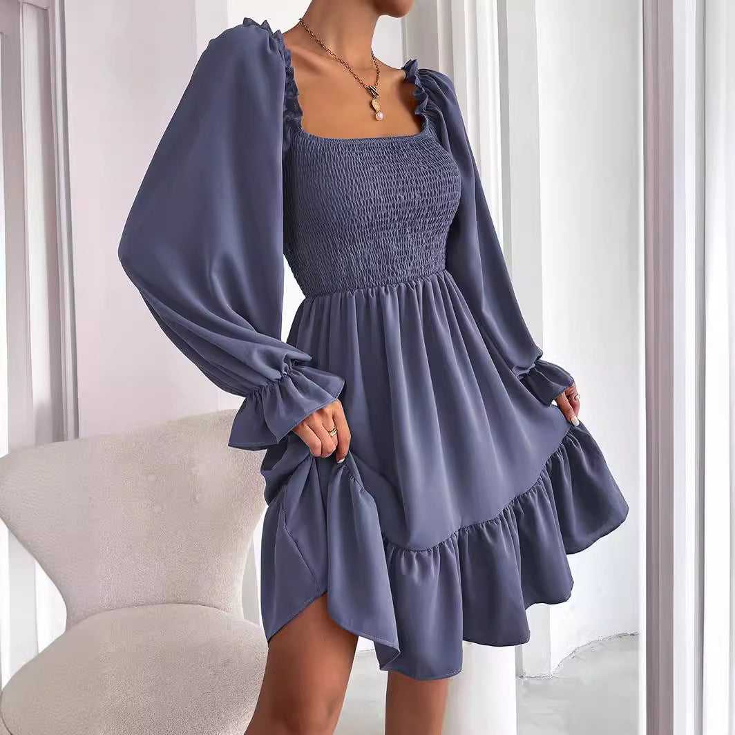 Women's Square Collar Long Sleeve Ruffled High Waist Tight Dresses