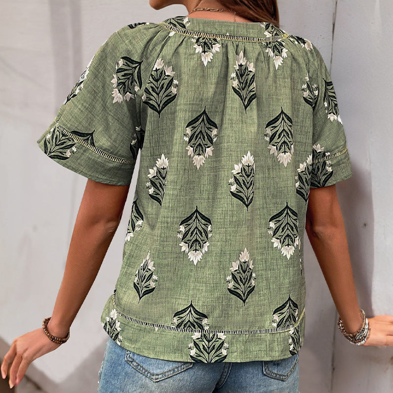 Women's Casual Fresh Style Plant Print Sleeve Tops