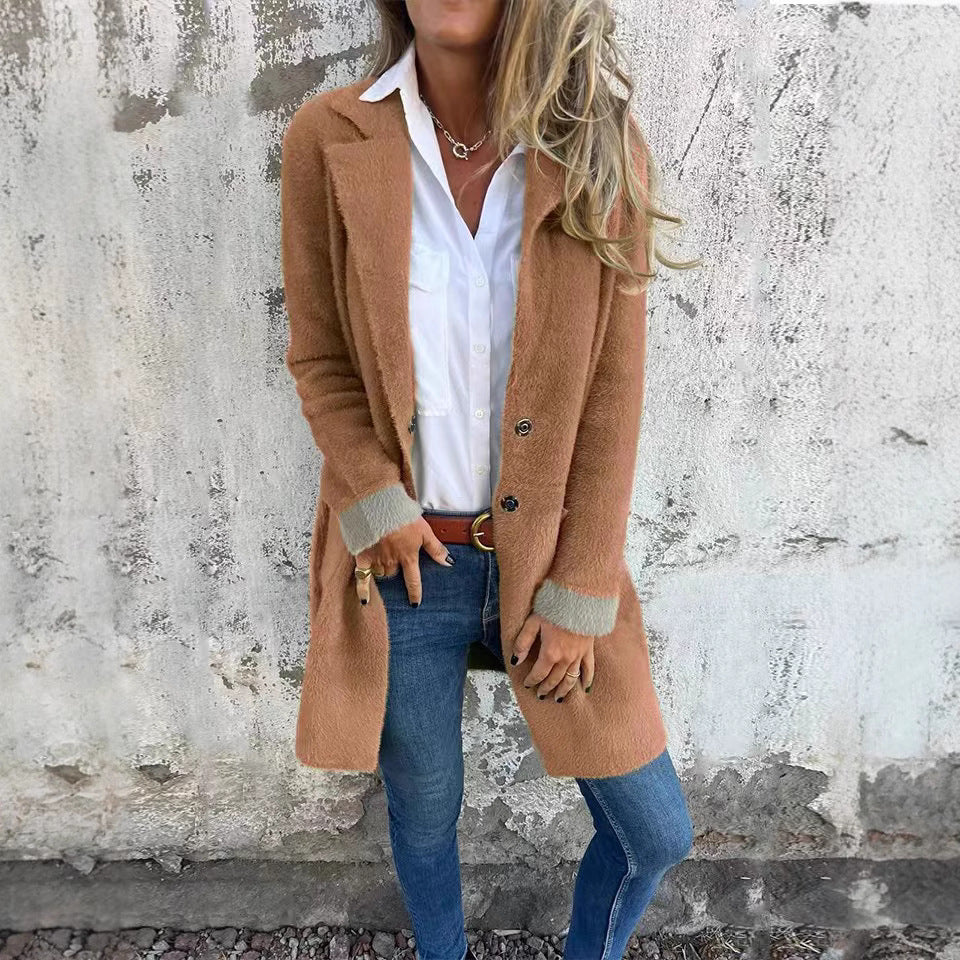 Women's Lapel Pocket Single-breasted Mid-length Plush Coats