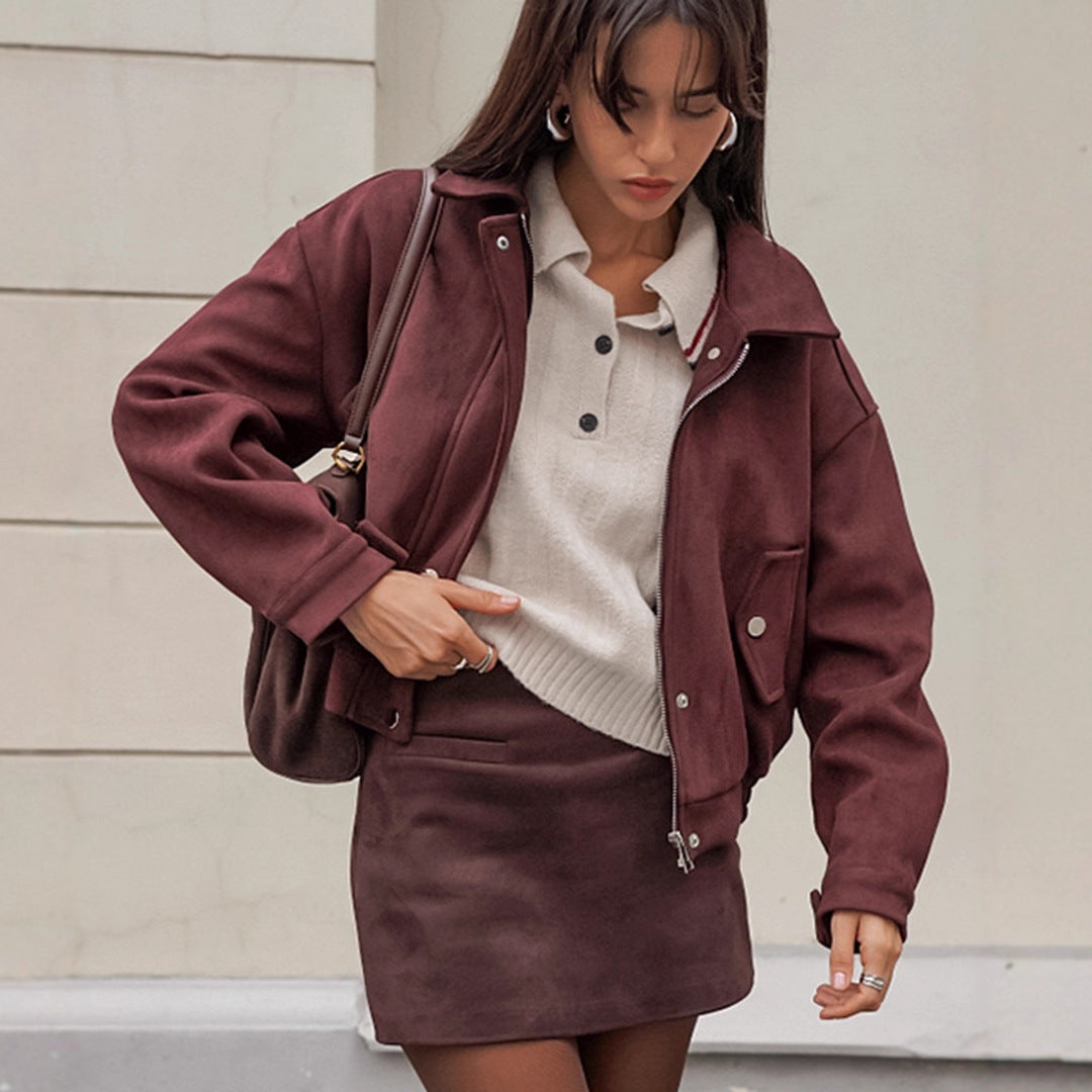 Women's Vintage Red Brown Suede Casual Loose Jackets