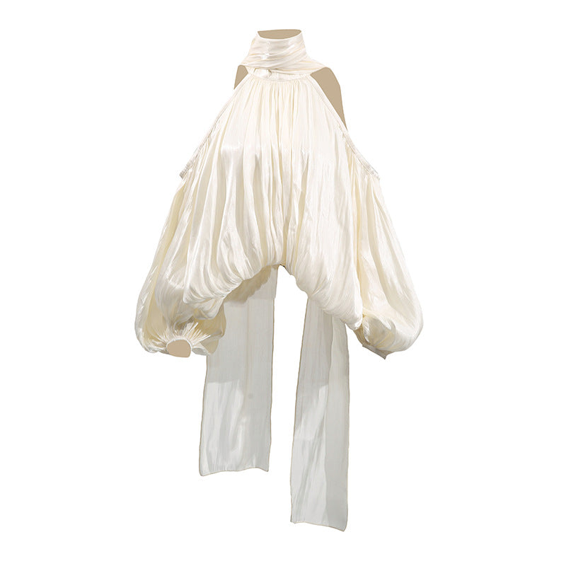 Women's Bow Chiffon Shirt Sweet Halter Puff Blouses