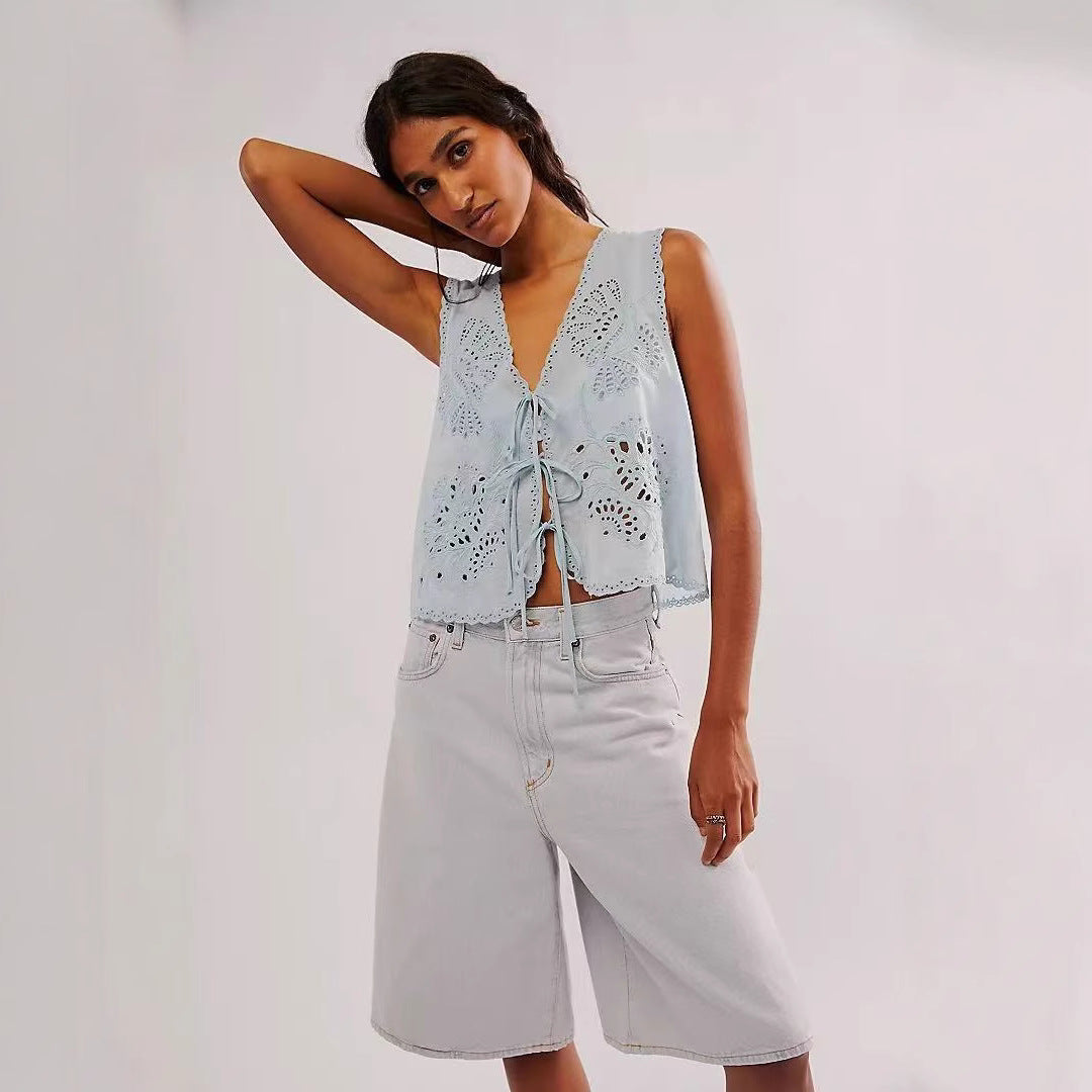 French Style Hollow Embroidered Loose Vacation Vests