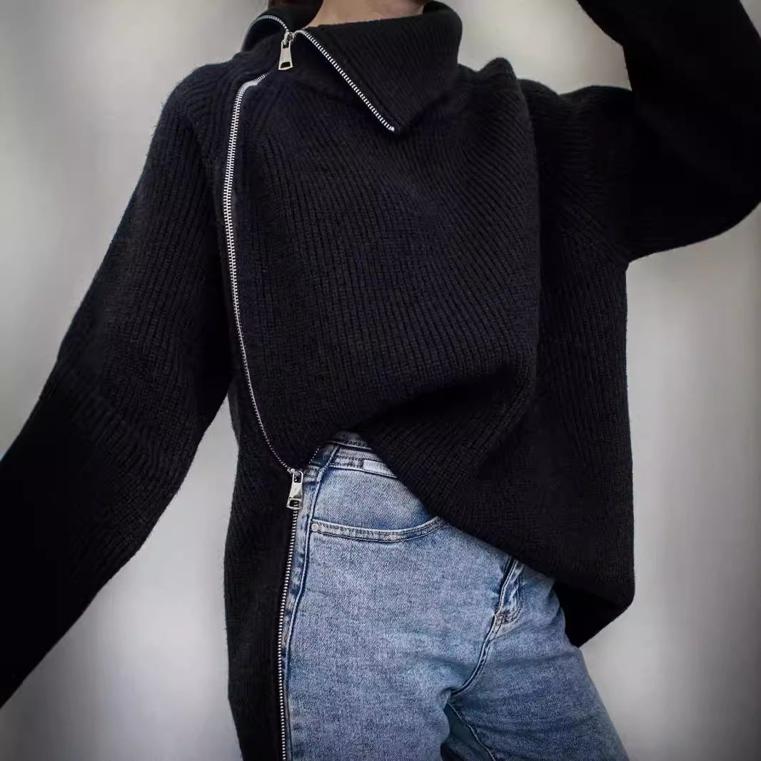 Turtleneck Zipper Sexy Loose Long Sleeve Thermal Outer Wear Knitwear