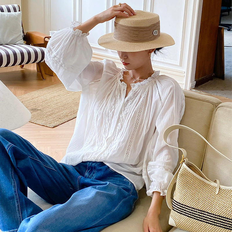 Women's Autumn French Style Cotton Shirt Long Blouses