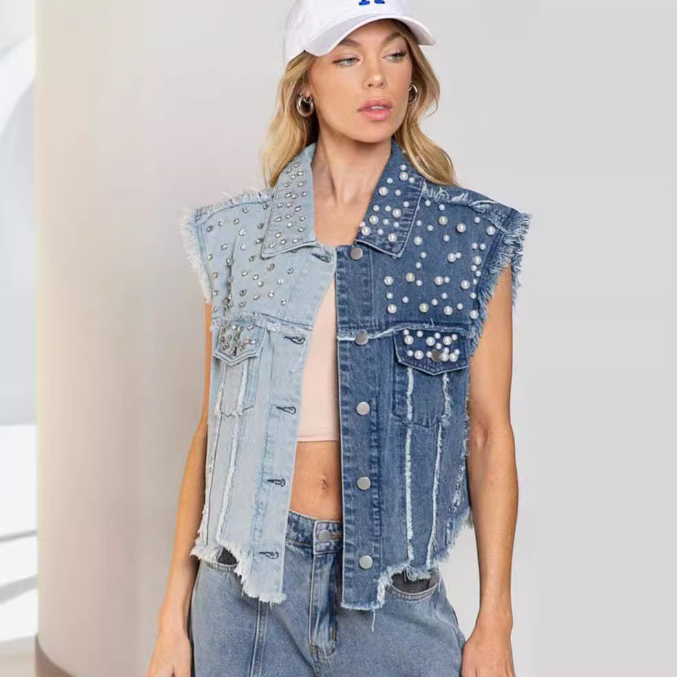 Women's Creative Denim Splicing Beads Loose Vests