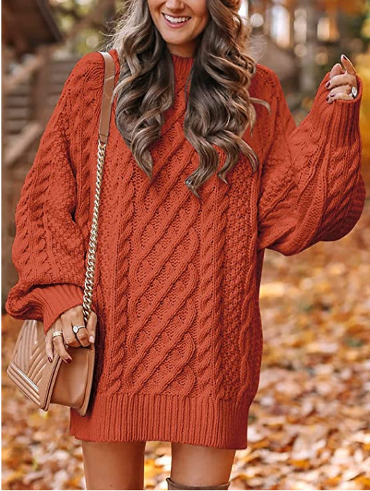 Women's Neck Long Sleeve Large Profile Twisted Knitted Knitwear