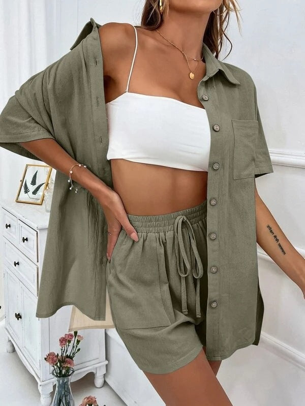 Women's Two-piece Solid Color Shirt Outfit Casual Loose Clothing