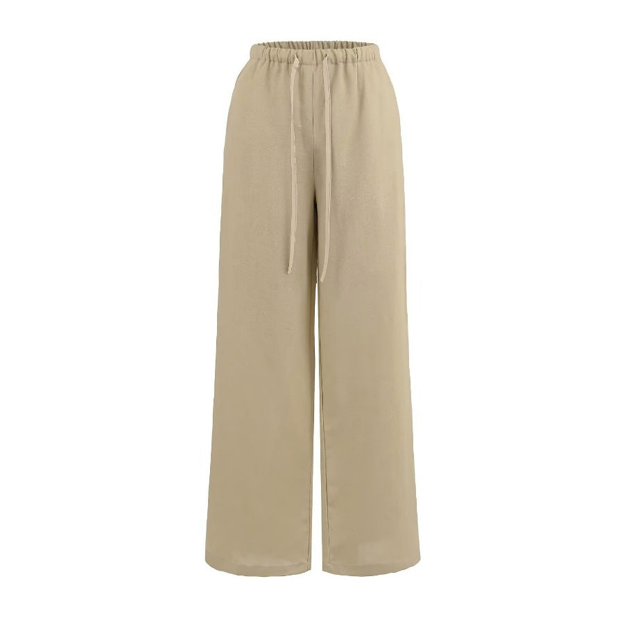 Women's Summer Breathing Linen Narrow Waist Drawstring Casual Wide Pants