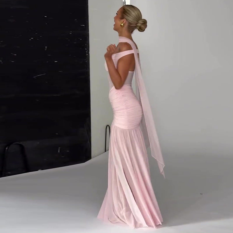 Women's Pleated Patchwork Slit Pink Long Dress Dresses