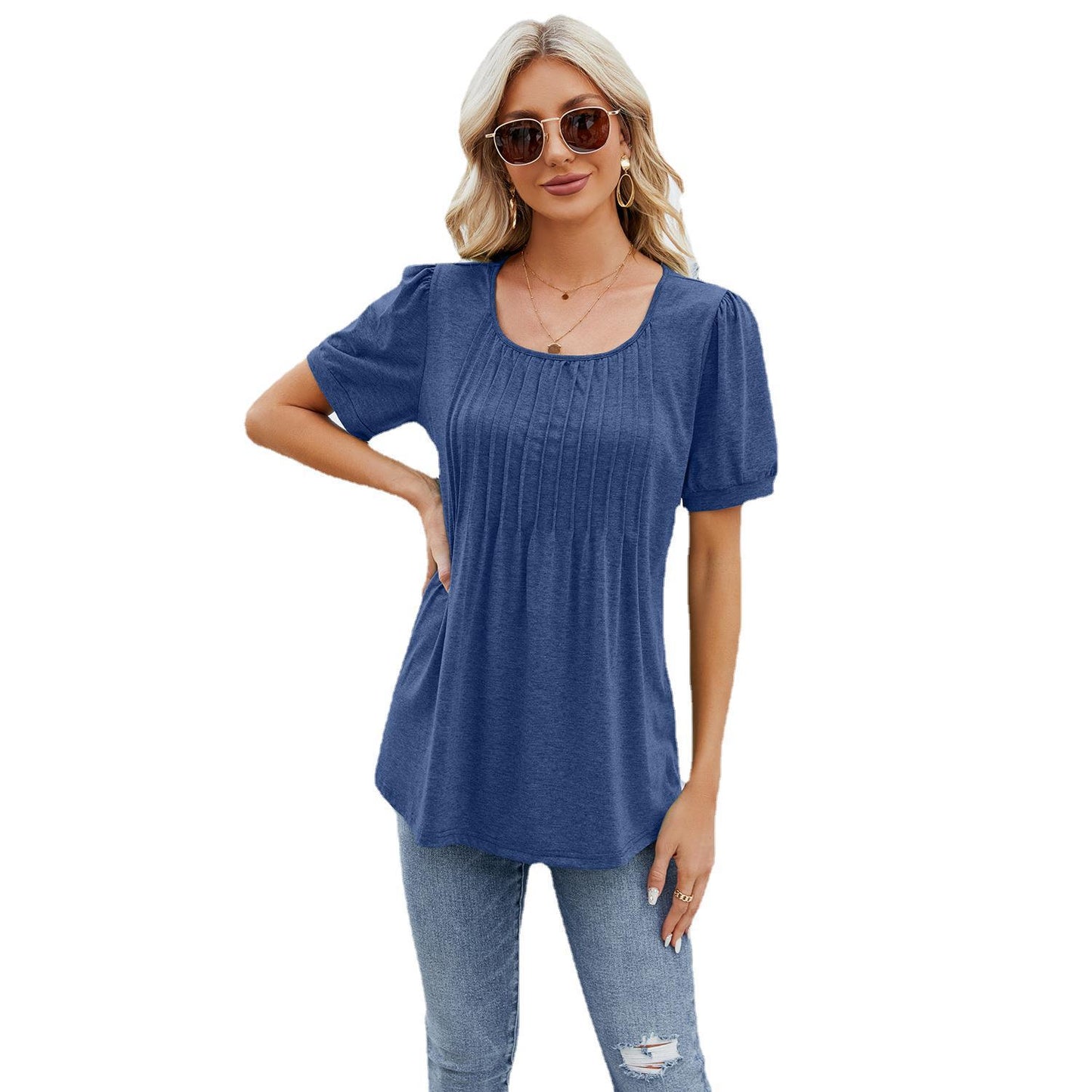 Women's Round Neck Strip Loose Sleeve T-shirt Tops