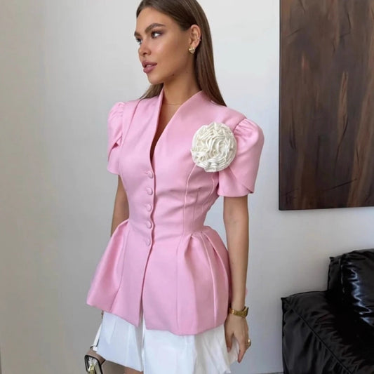 Women's Summer Handmade Flowers Waist Trimming Short-sleeved Blouses