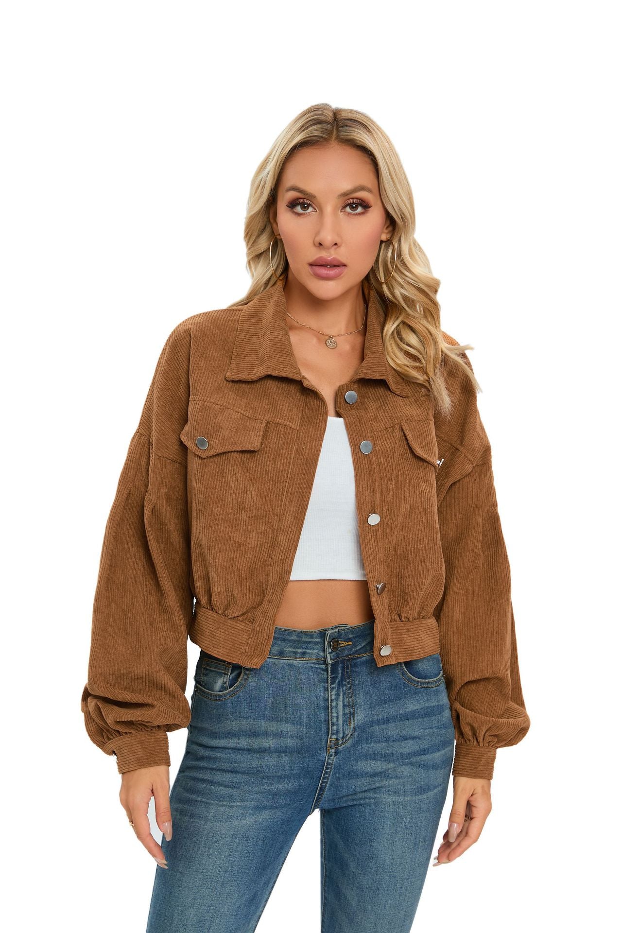 Women's Casual Polo Collar Corduroy Lantern Sleeve Jackets