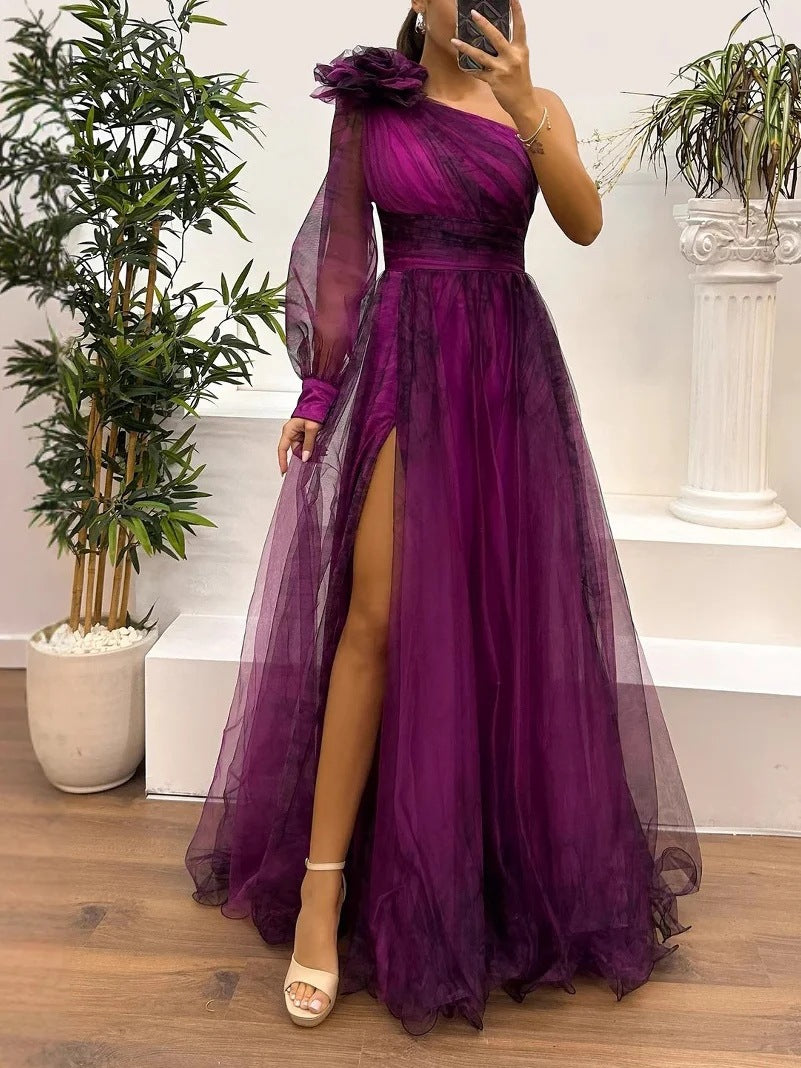 Oblique Shoulder Mesh Casual Loose Party Dresses