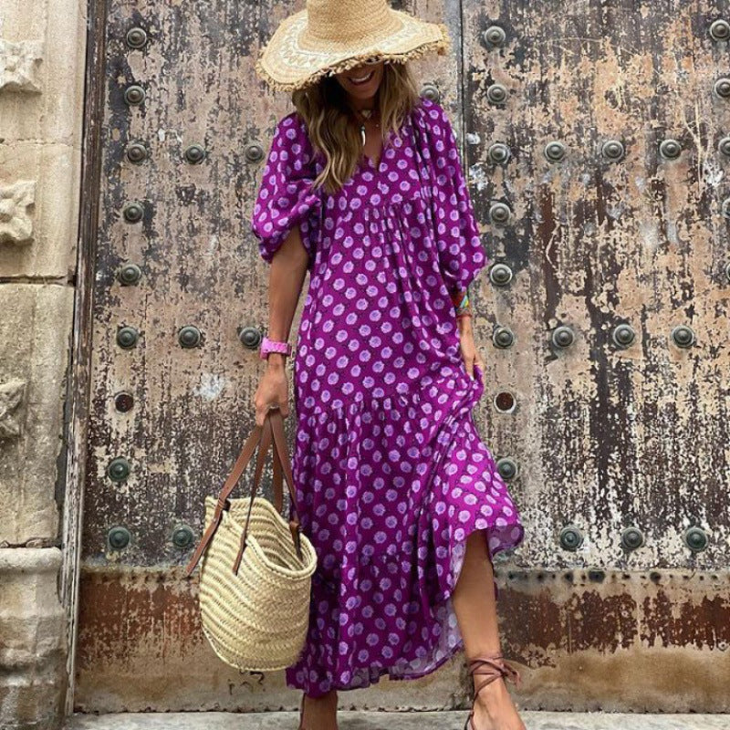 Women's Autumn Geometric Collage Puff Sleeve Dress Street Clothing