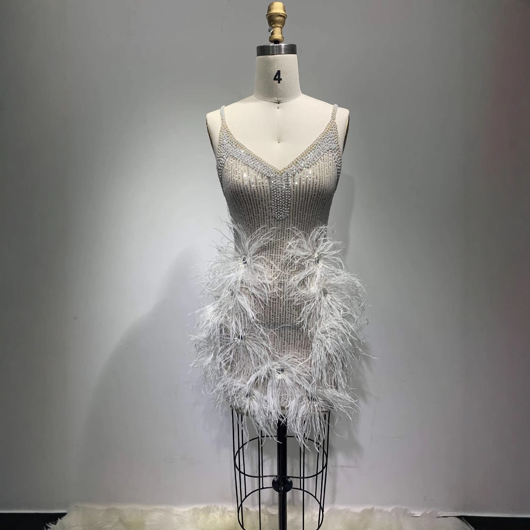 Sexy Strap Tube Feather Stitching Miniskirt Dresses