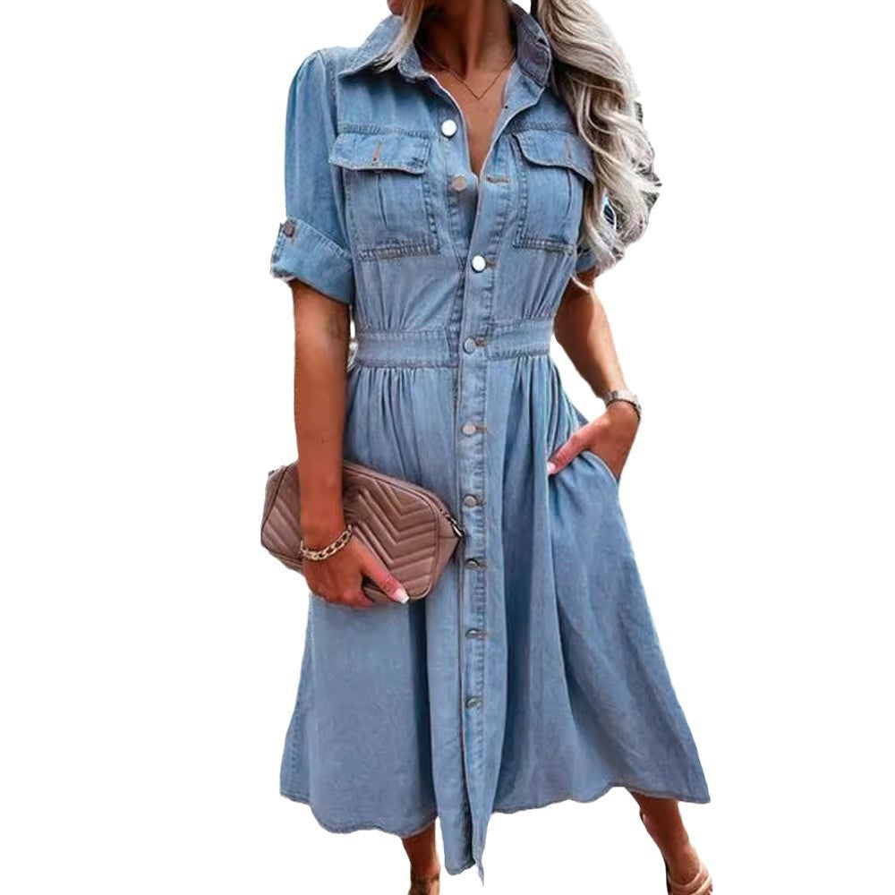 Lapel Breasted Elegant Denim Dress Long Dresses