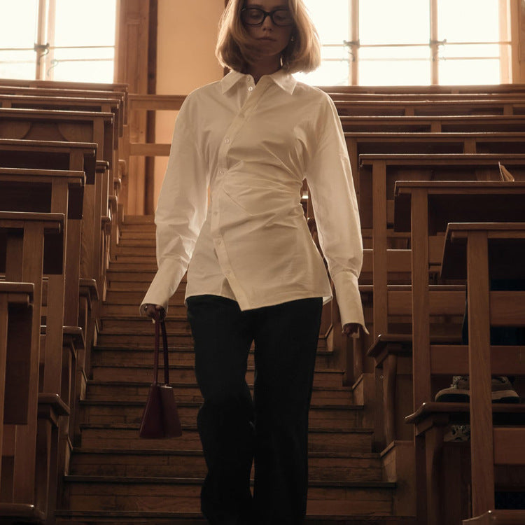 Women's Cotton White Lapel Long Sleeve Shirt Blouses