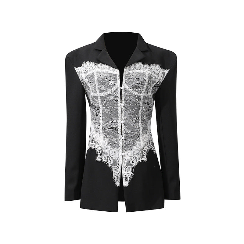 Women's Lace Stitching Fishbone Slim Fit Fashion Blazers