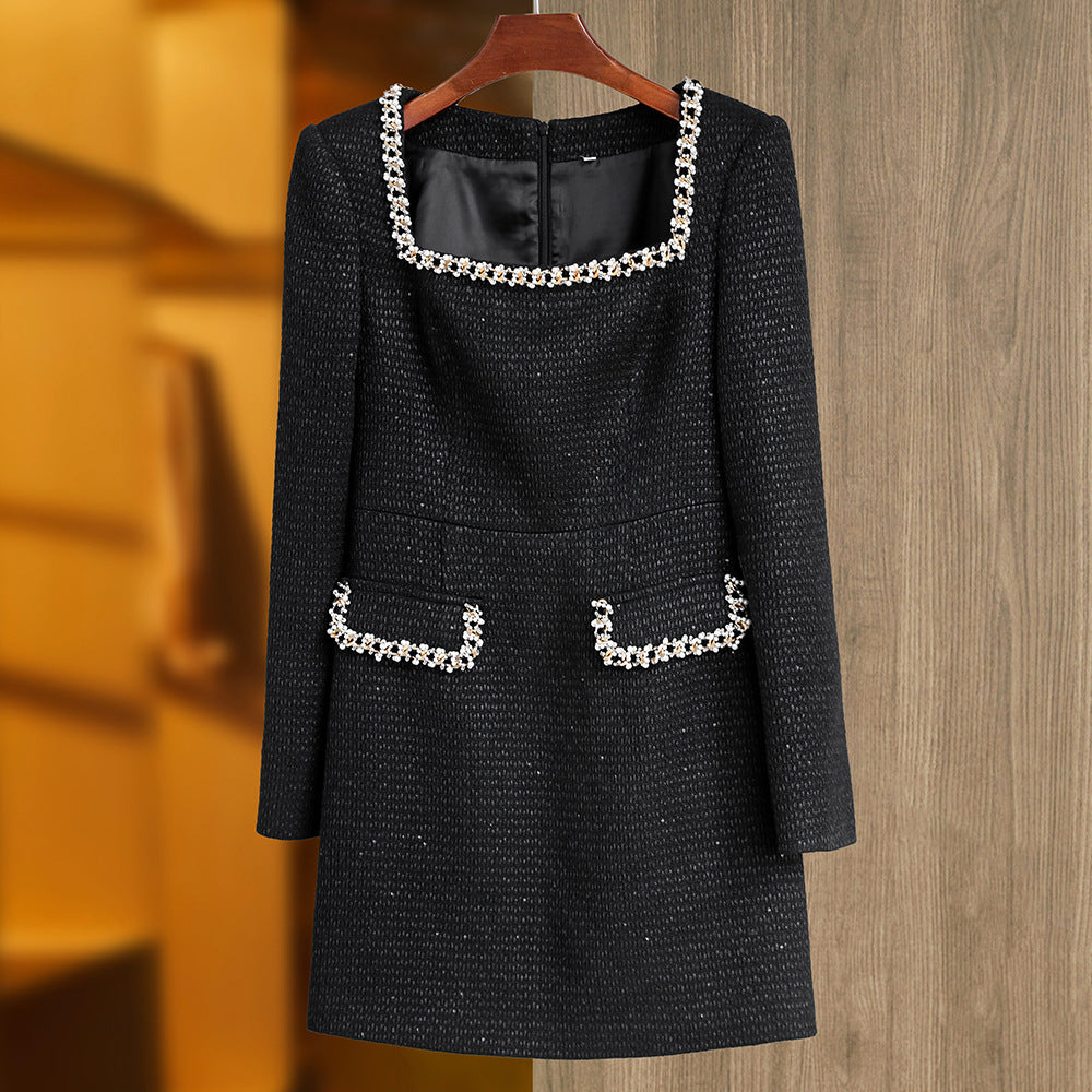 Collar Beaded Decoration Long Sleeves Slimming Dresses