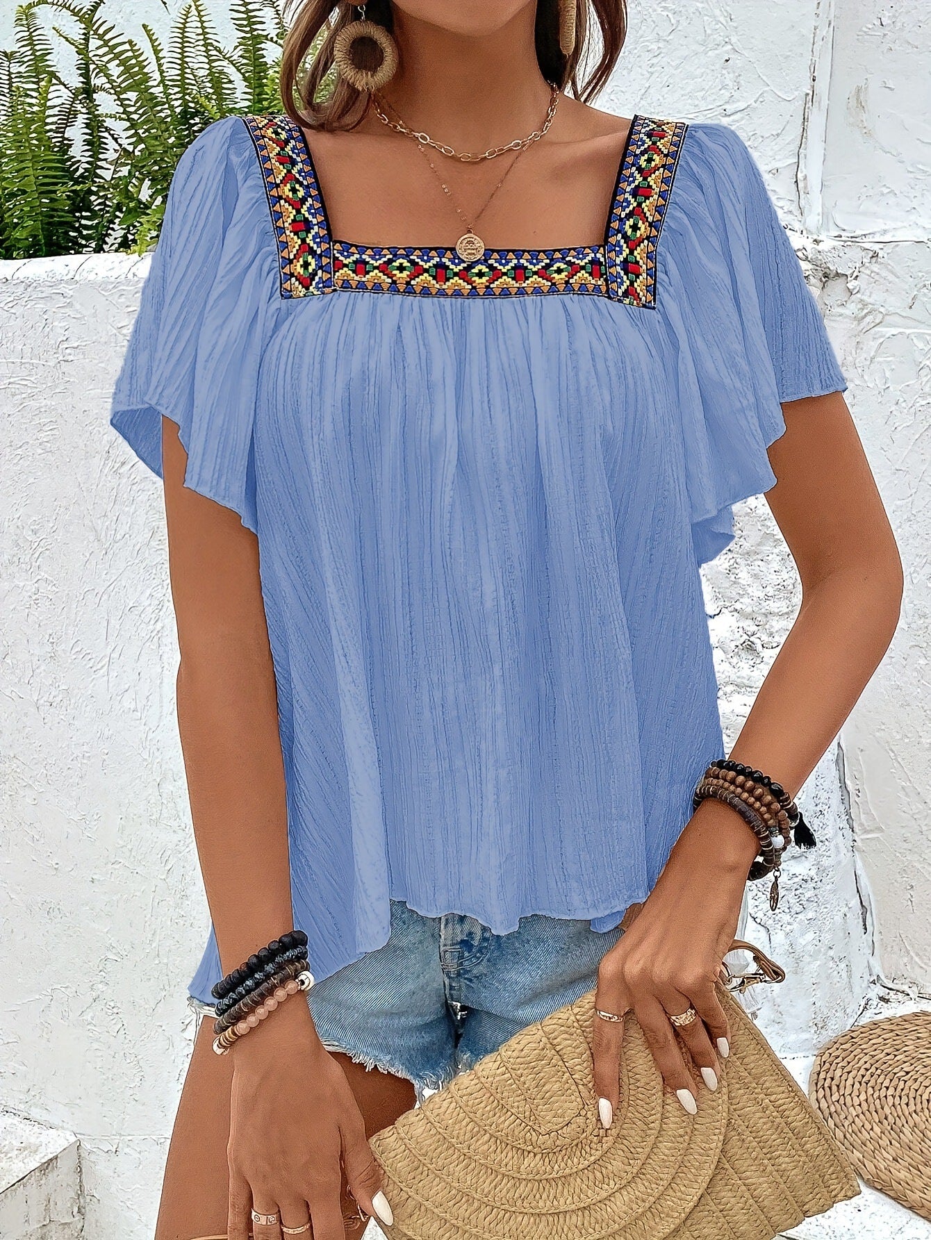 Women's Fashion Summer Square Collar Embroidered Irregular Blouses