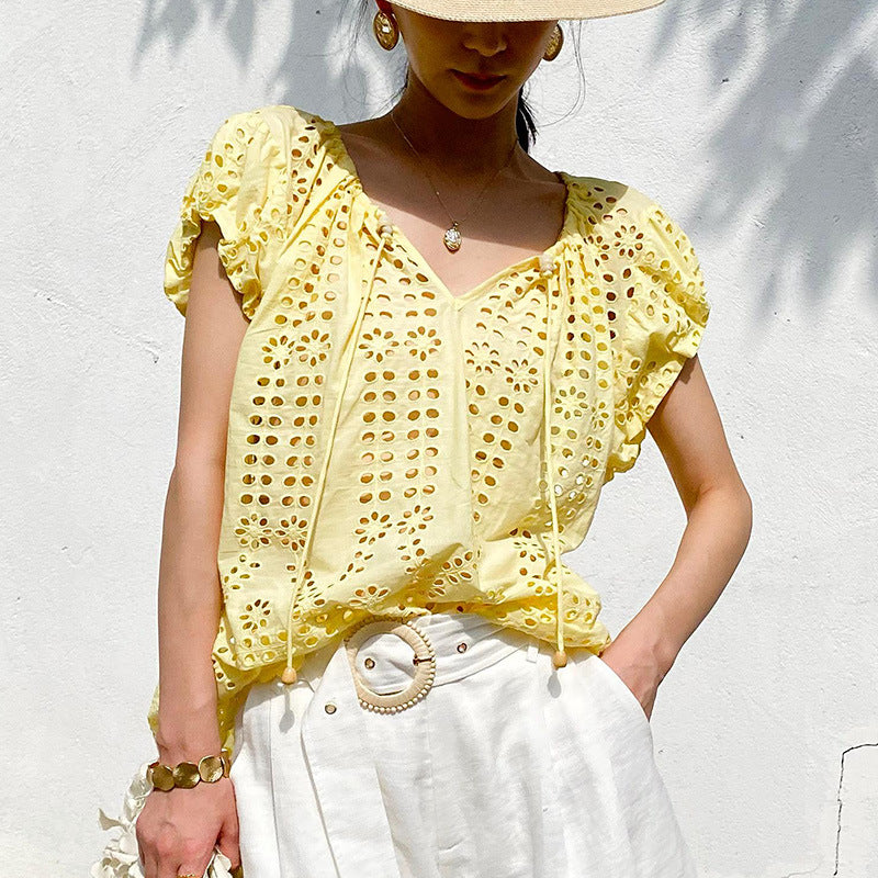 Women's Shirt Vacation Style Embroidered Sleeve Summer French Design South Blouses