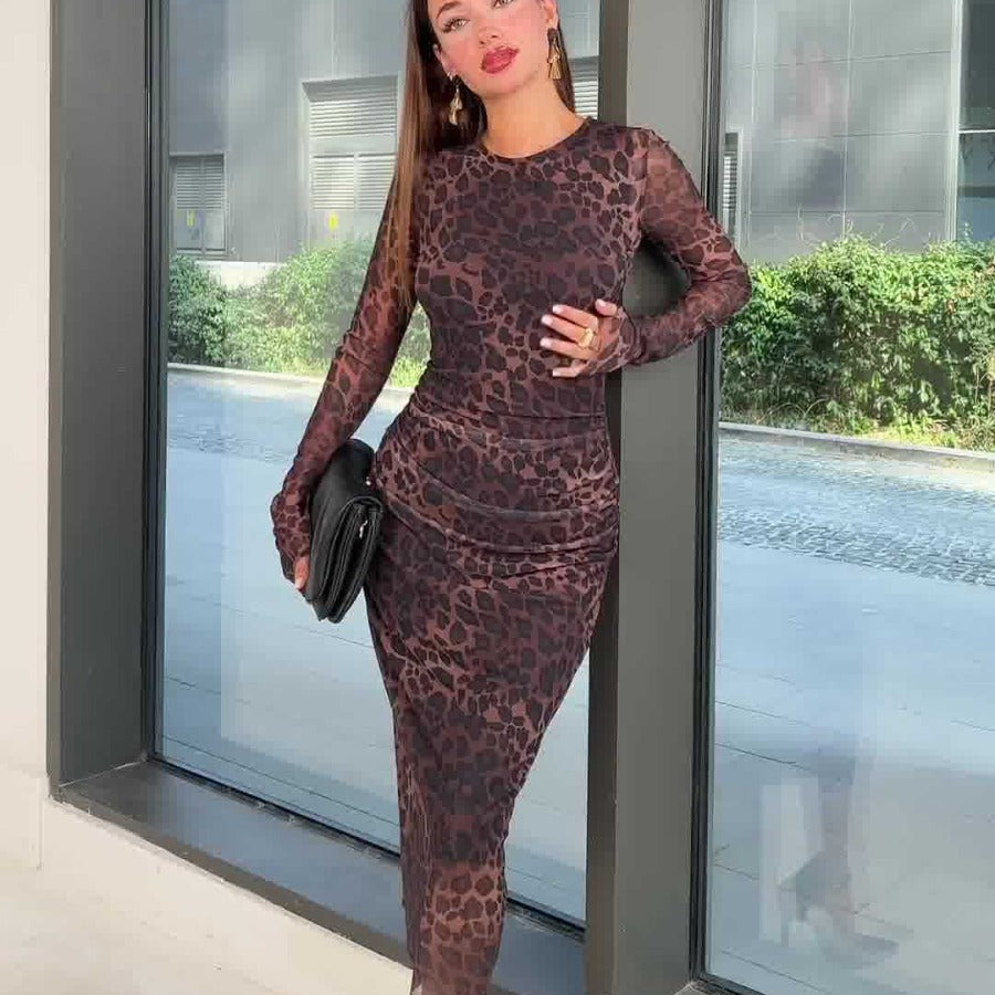 Women's Crew Neck Printed Leopard Print Cinched Dresses