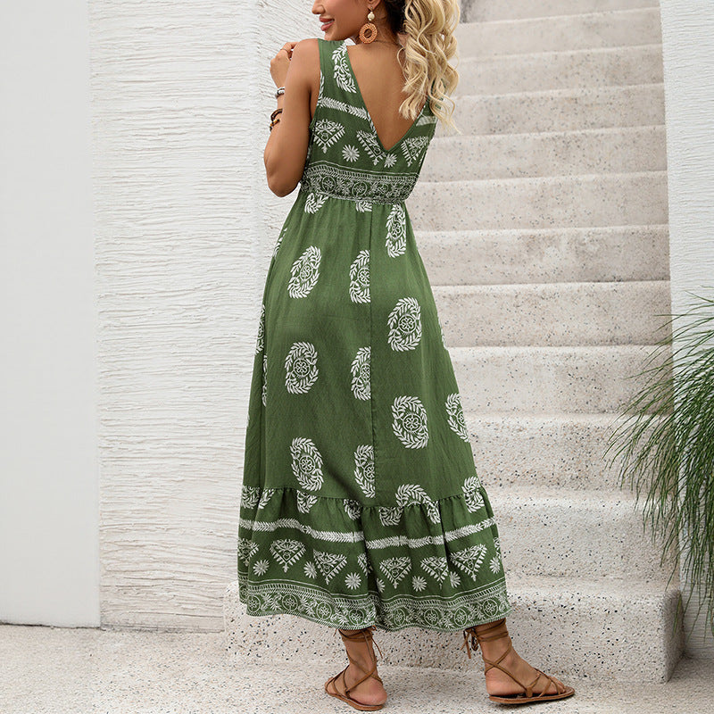Women's Style Printed Dress Green Ethnic Casual Dresses