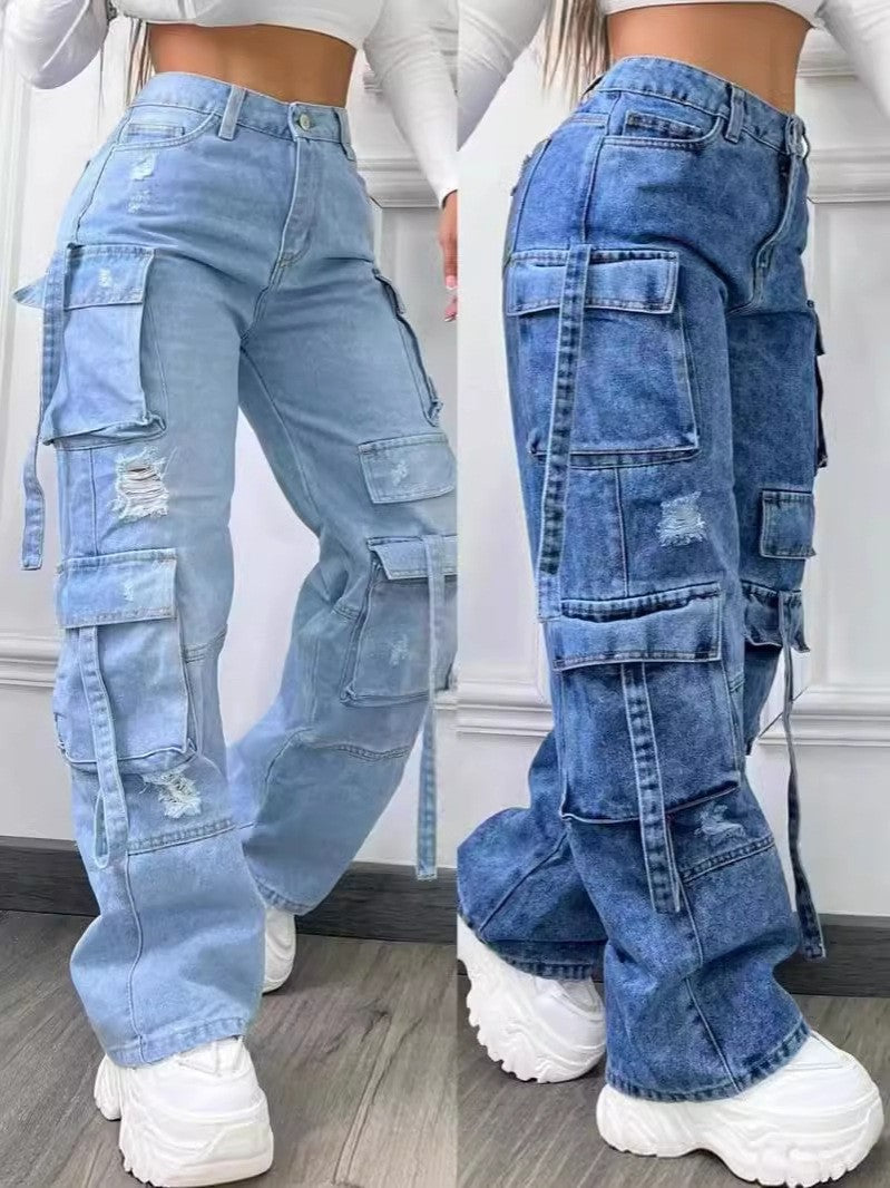 Solid Color High Waist Leisure Cargo Jeans