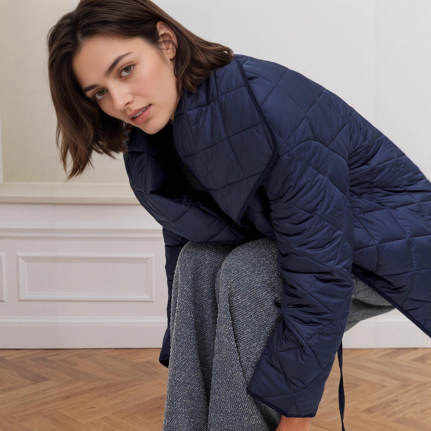 Women's Fashionable Large Lapel Sapphire Blue With Rhombus Quilted Coats