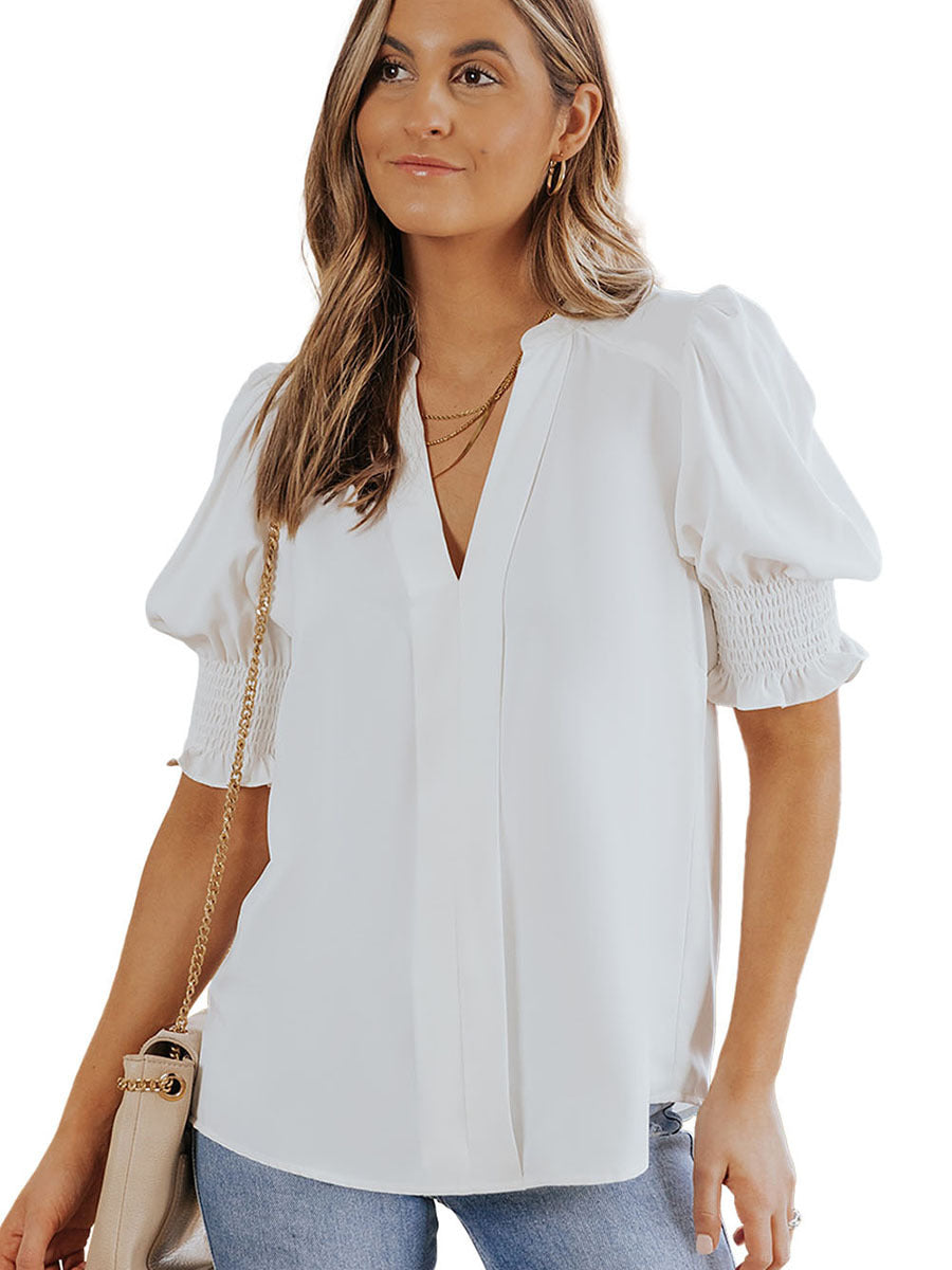 Women's Color Half Sleeve Collar Shirt Pleated Blouses