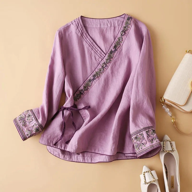 Women's Cotton Linen Diagonal Embroidered Artistic Retro Loose Improved Blouses