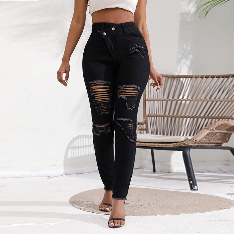 Women's Denim Autumn Ripped High Waist Slim Jeans