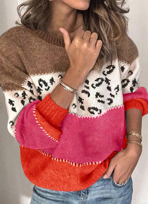 Leopard Splicing Fashionable Knitted Pullover Knitting Knitwear