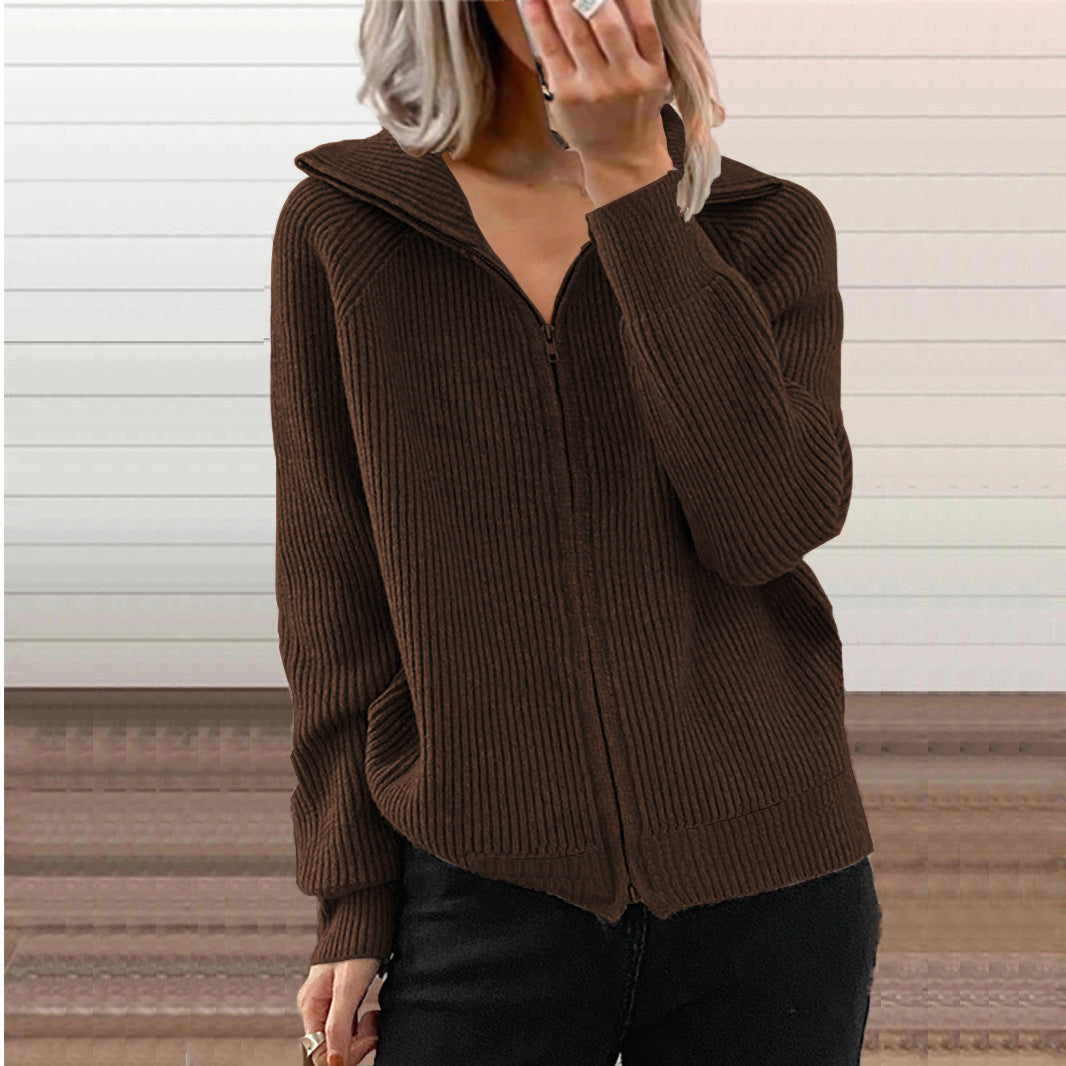 Women's Striped Casual Loose Zipper Long Sleeve Sweater