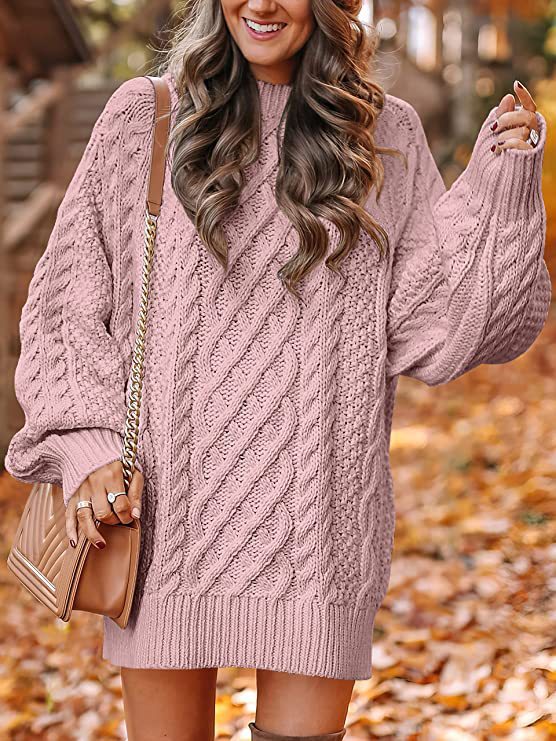 Women's Neck Long Sleeve Large Profile Twisted Knitted Knitwear