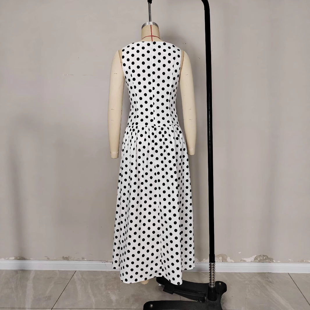 Women's European Style Retro Sleeveless Polka-dot Long Dress Dresses